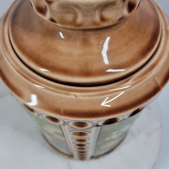 VTG McCoy USA Pottery Canister 10" Tan Green Ditsy Floral Daisy Ceramic Jar - Picture 8 of 16